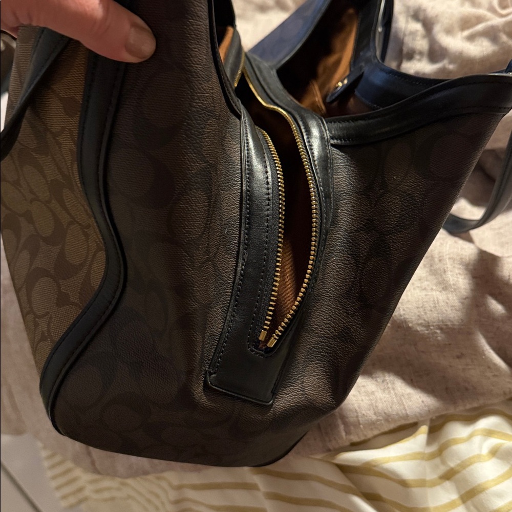 Coach Brown Signature Canvas Shoulder Bag with Black Trim - Picture 6 of 8